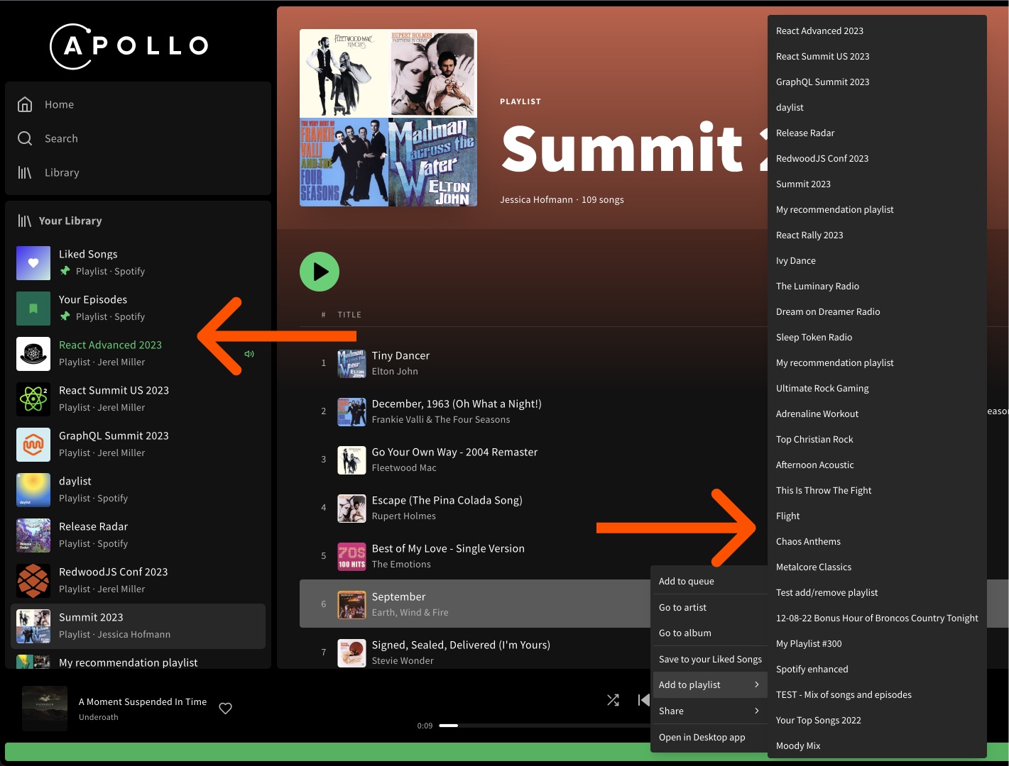 Separately cached playlists in Apollo's Spotify Showcase
