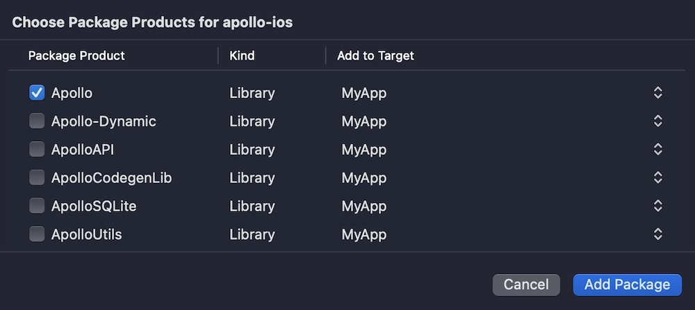 Selecting Apollo iOS packages