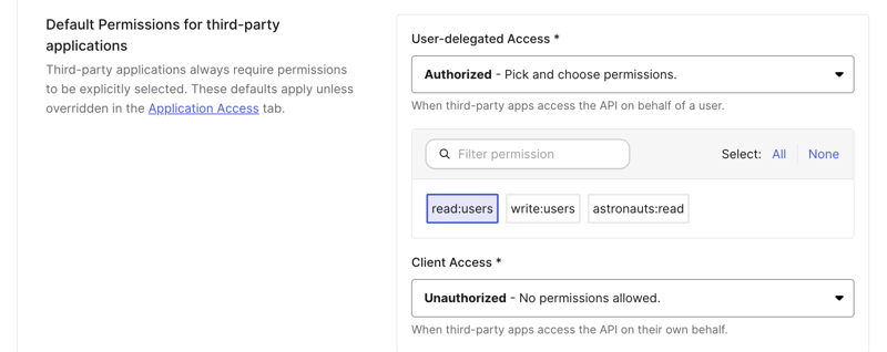 The Default Permissions for third-party applications section of an Auth0 API with User-delegated Access authorized for read:users