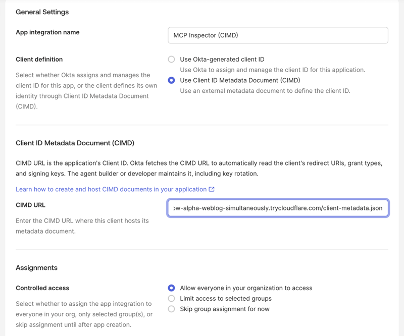 The New Native App Integration form in Okta with Use Client ID Metadata Document (CIMD) selected and a CIMD URL entered