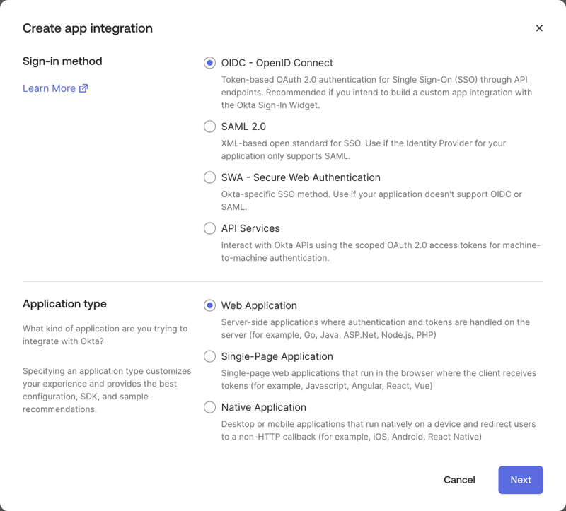 The Create app integration dialog in Okta with OIDC - OpenID Connect and Web Application selected