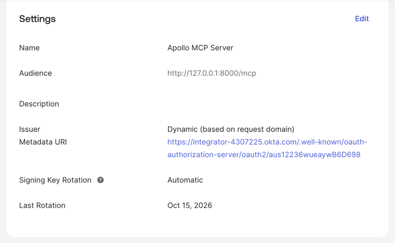 The Settings tab of an Okta authorization server with the audience set to http://127.0.0.1:8000/mcp