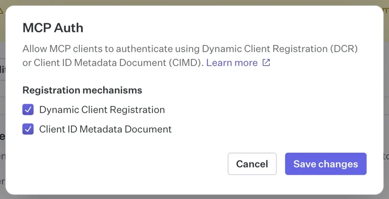 The MCP Auth dialog in the WorkOS Dashboard with Client ID Metadata Document and Dynamic Client Registration selected