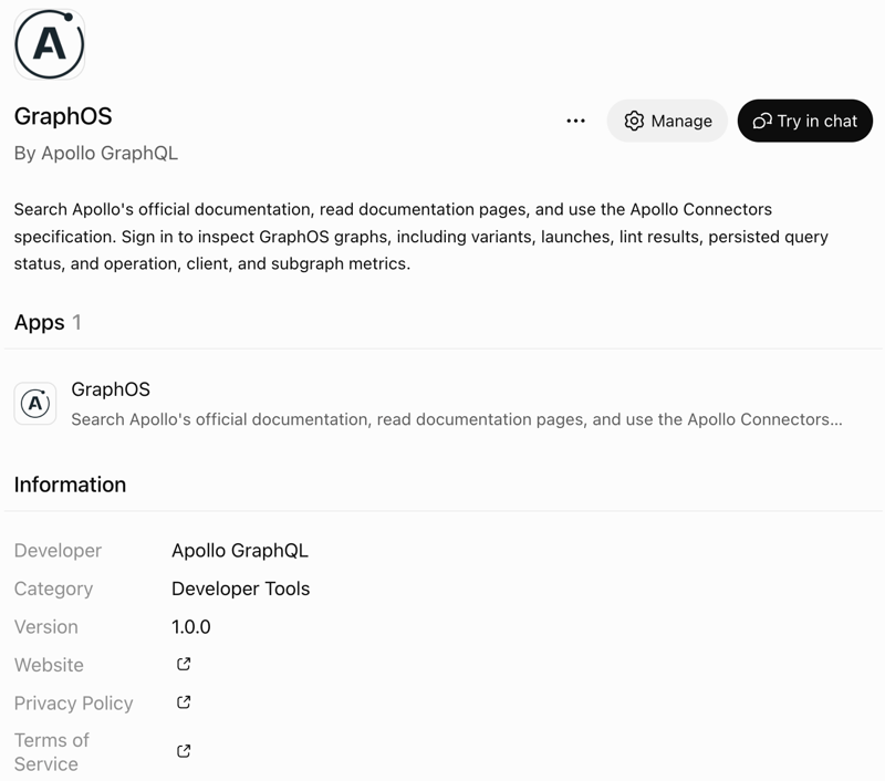 Screenshot showing the GraphOS plugin page in ChatGPT