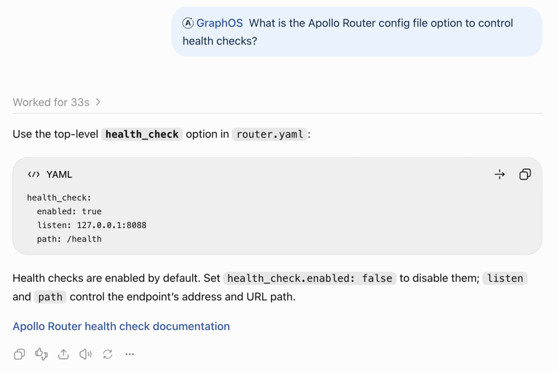 Screenshot showing ChatGPT answering a question about Apollo Router health checks with GraphOS