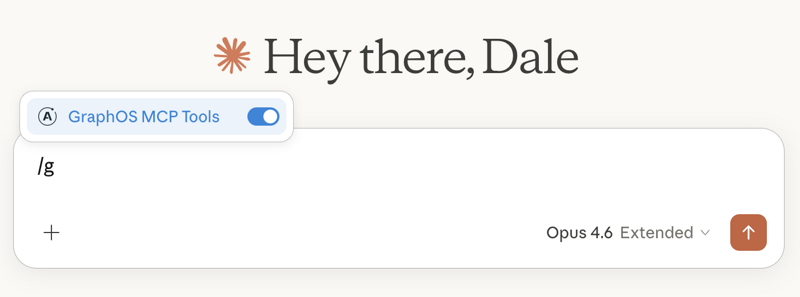 Screenshot showing the GraphOS MCP Server toggle enabled in the Claude chat input