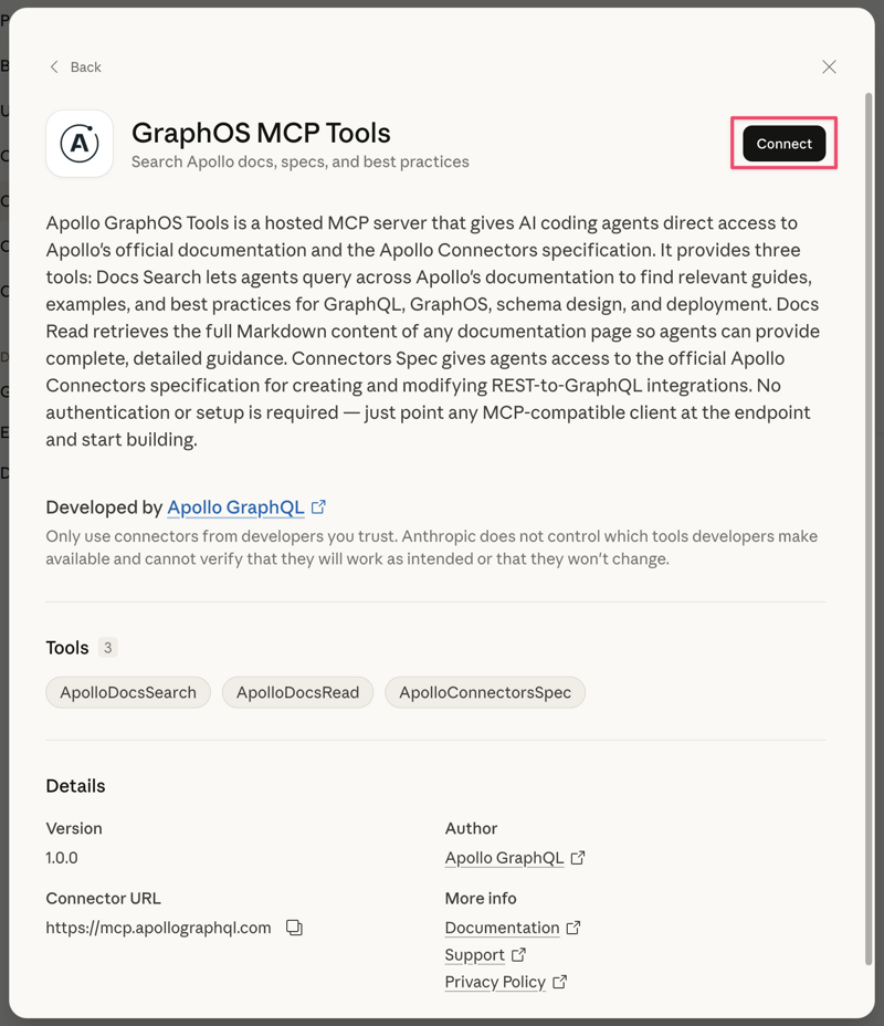 Screenshot showing the GraphOS MCP Server connector detail page with a Connect button