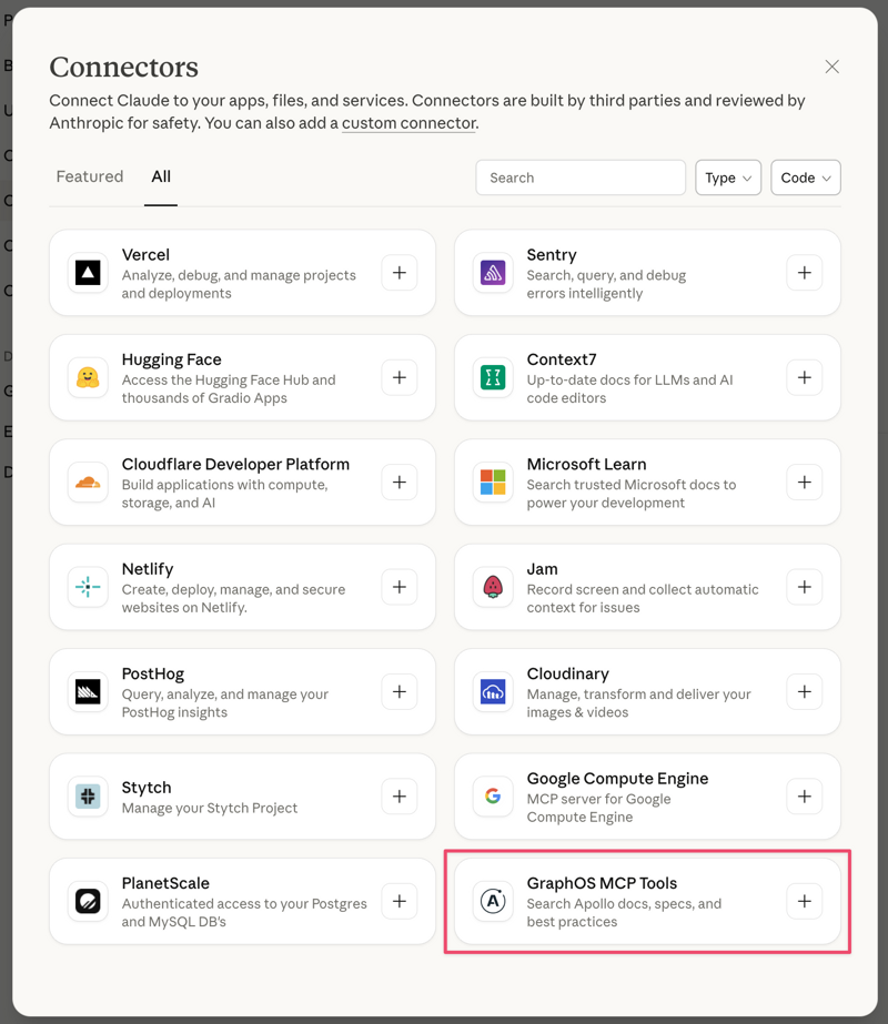 Screenshot showing GraphOS MCP Server in the Claude connectors list