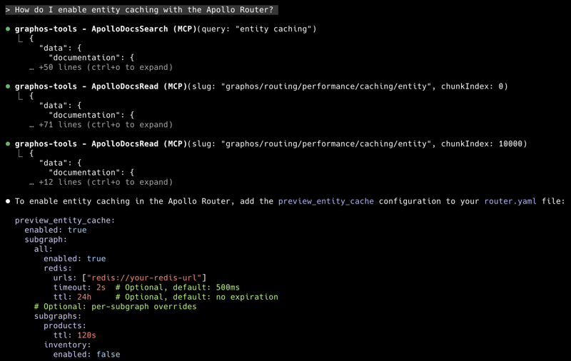Screenshot showing the result of an Apollo docs search tool