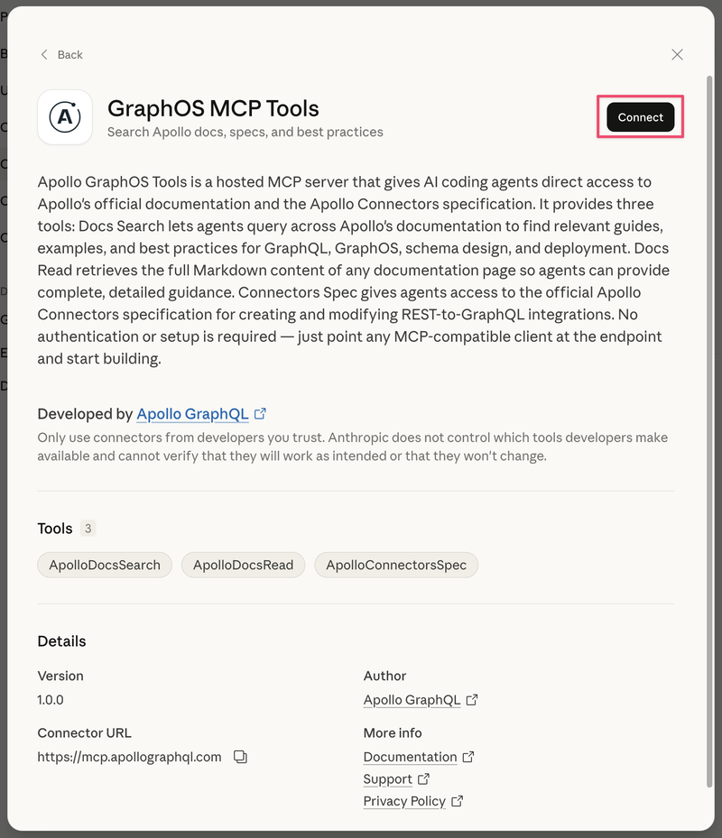 Screenshot showing the GraphOS MCP Tools connector detail page with a Connect button
