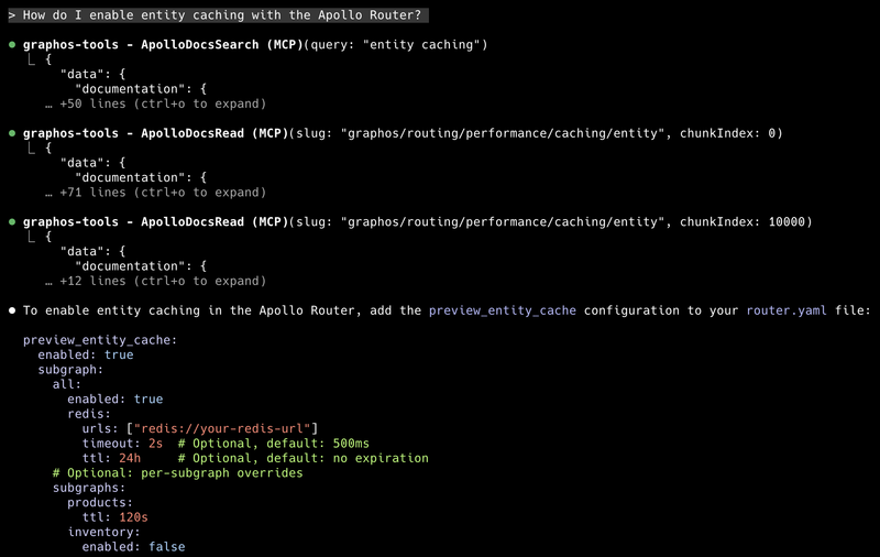 Screenshot showing the result of an Apollo docs search tool