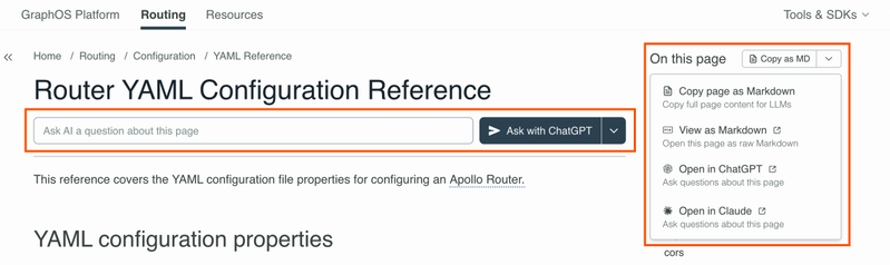 Context menu dropdown in the top right corner of a docs page and ask AI question box