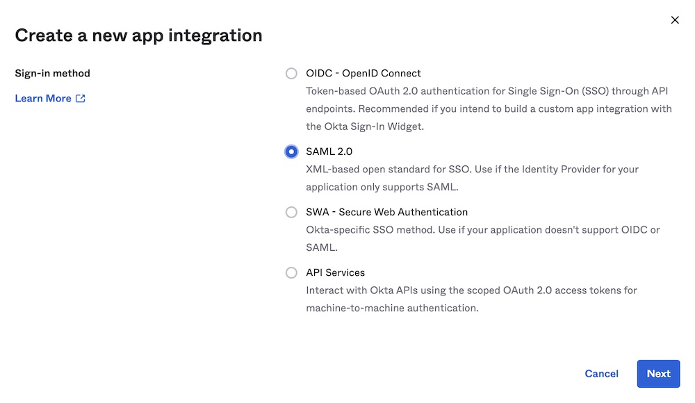 Okta create app integration modal