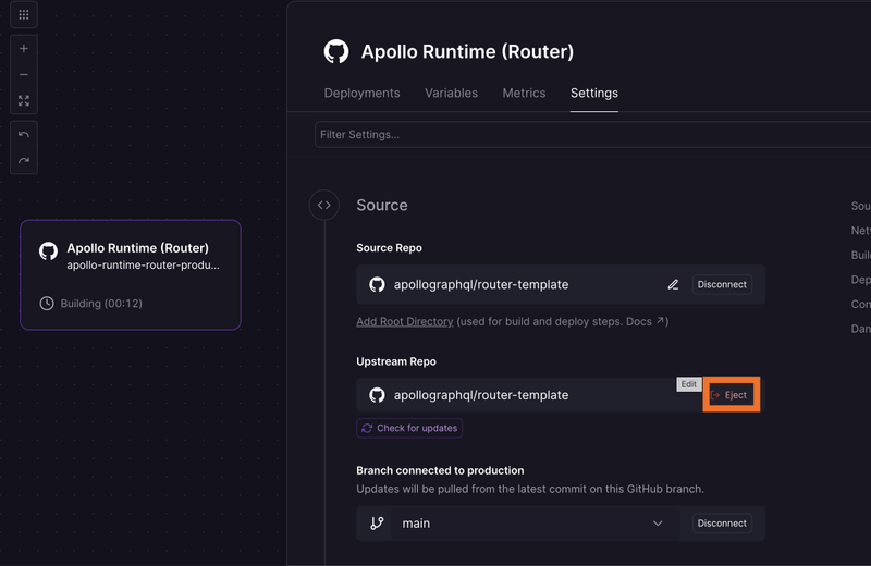 Railway eject button to clone repo