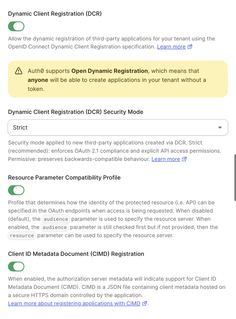 The Dynamic Client Registration settings in Strict mode, with Resource Parameter Compatibility Profile and Client ID Metadata Document turned on in the Auth0 Advanced tab