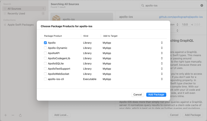 Selecting Apollo iOS packages