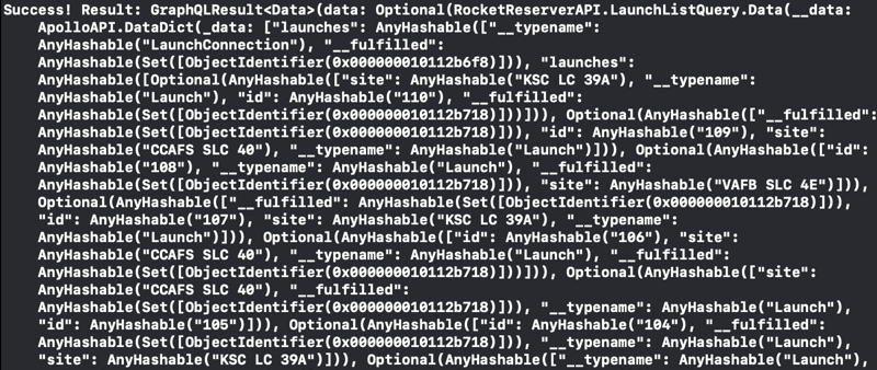 Query console log output, beginning with 'Success! Result: GraphQLResult...'