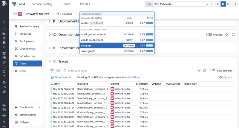 Datadog APM showing operations set with example attributes set in router.yaml