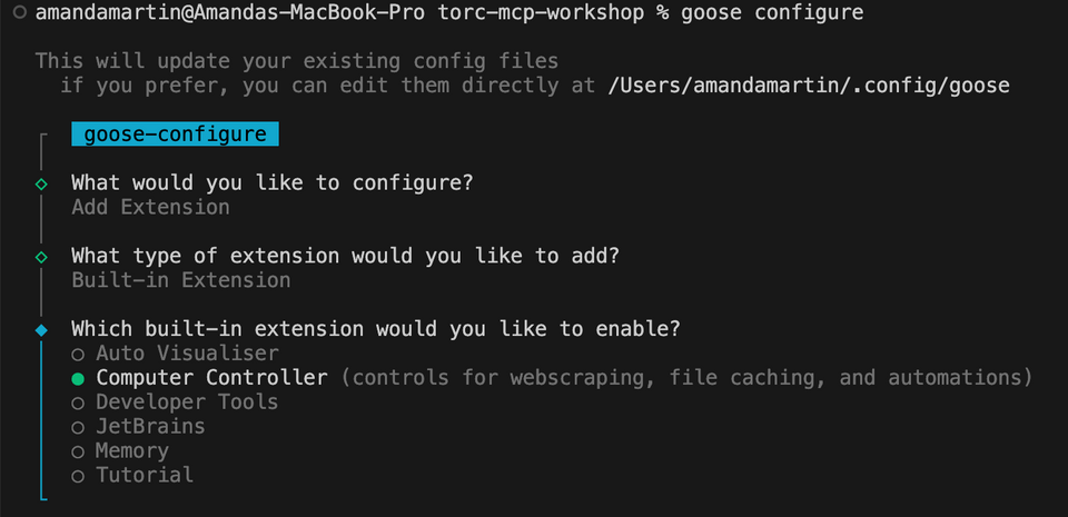 Screenshot of all terminal commands to configure goose extensions