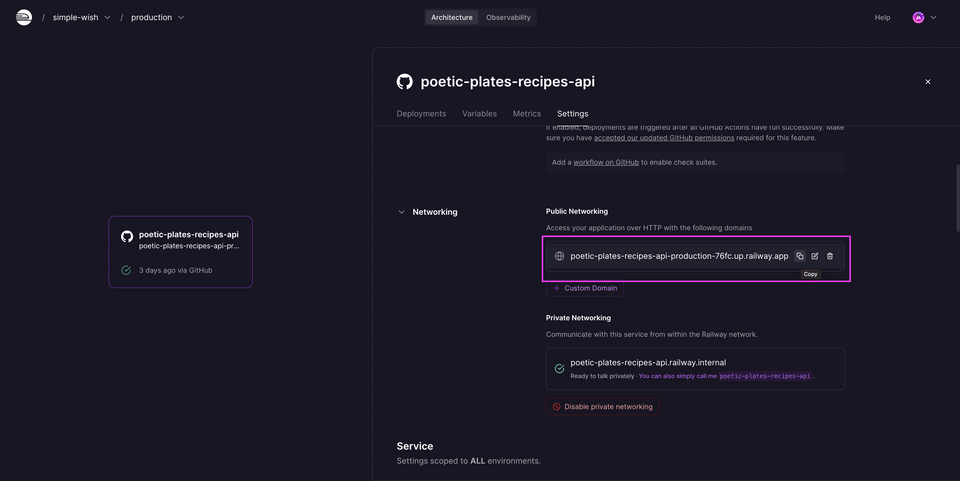 The Settings panel for the project in Railway, showing a generated domain and the Copy button highlighted.