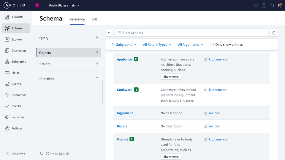 Schema reference page for Objects in Studio