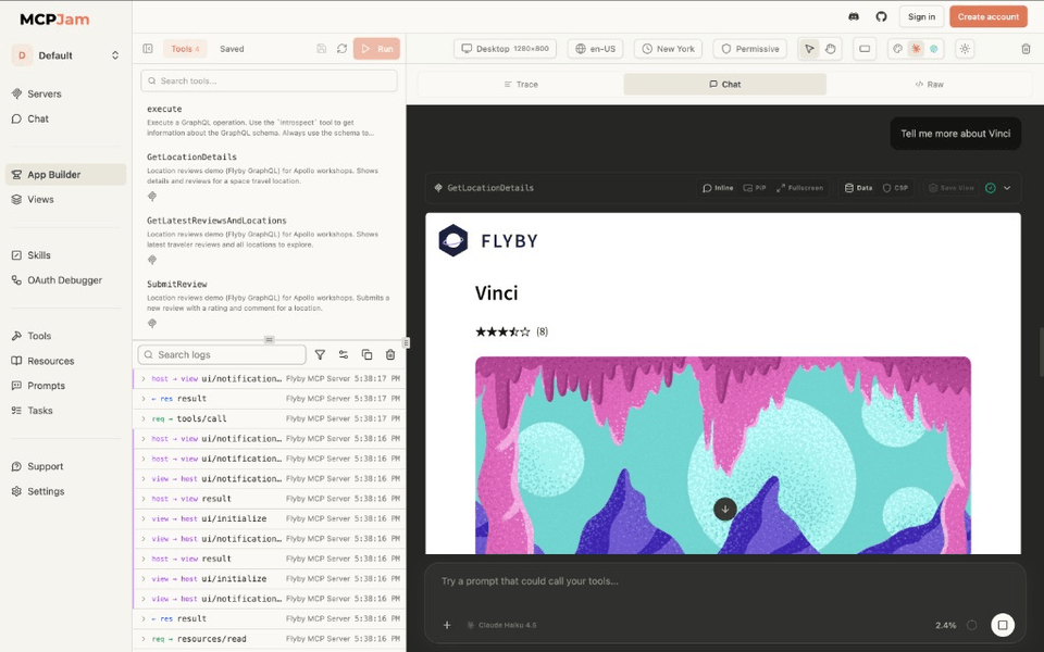 MCPJam showing GetLocationDetails tool output with the Vinci location card in the chat