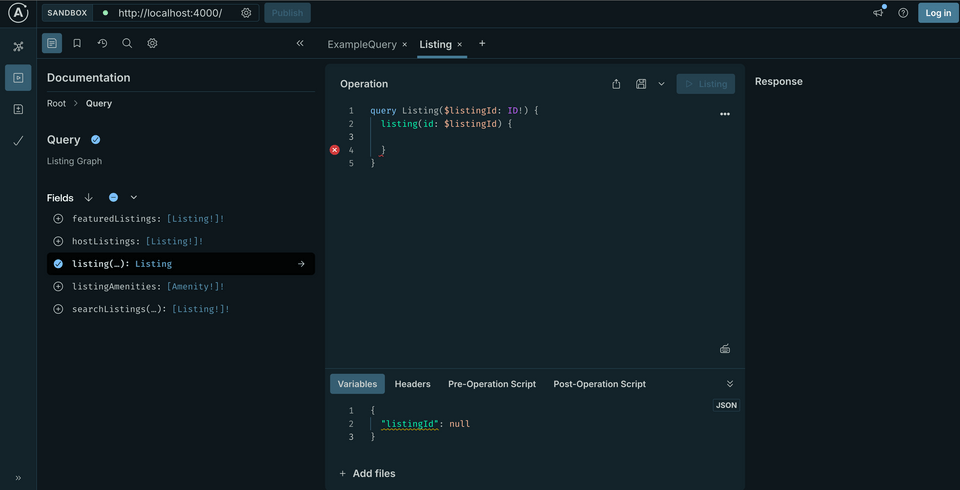 The Sandbox Operation panel updated with the basic scaffold for a listing query