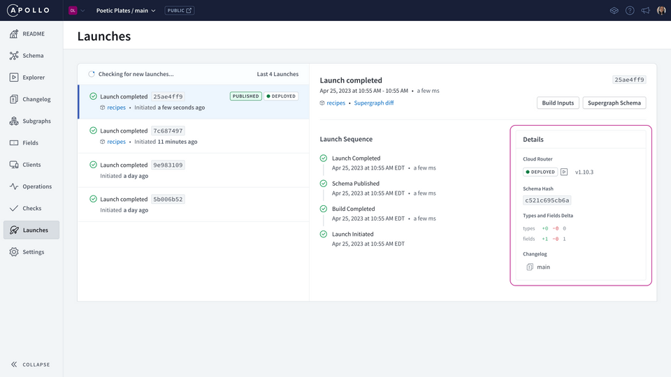 The Studio Launches page showing the supergraph schema button and a summary of changes