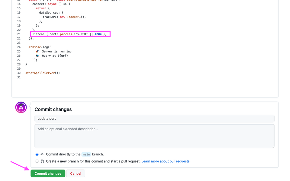 In the GitHub UI, commit your changes.