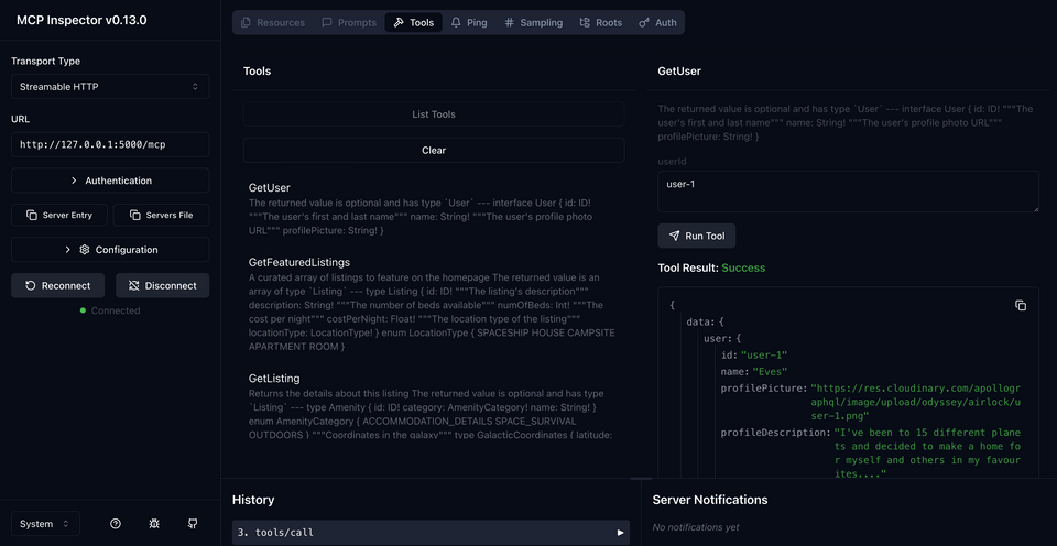 A screenshot of the MCP Inspector, highlighting the resulting data from running the tool