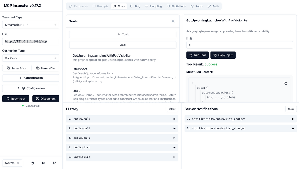 A screenshot of the mcp inspector running locally with an executed tool call