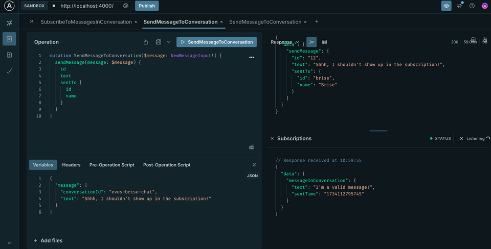 A screenshot of Sandbox, with the message we sent correctly not appearing in the subscription