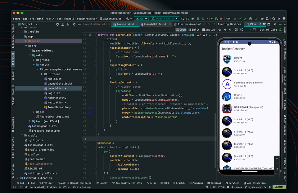 The desktop view of Android Studio with a running simulator, showing our app and a list of rocket launches