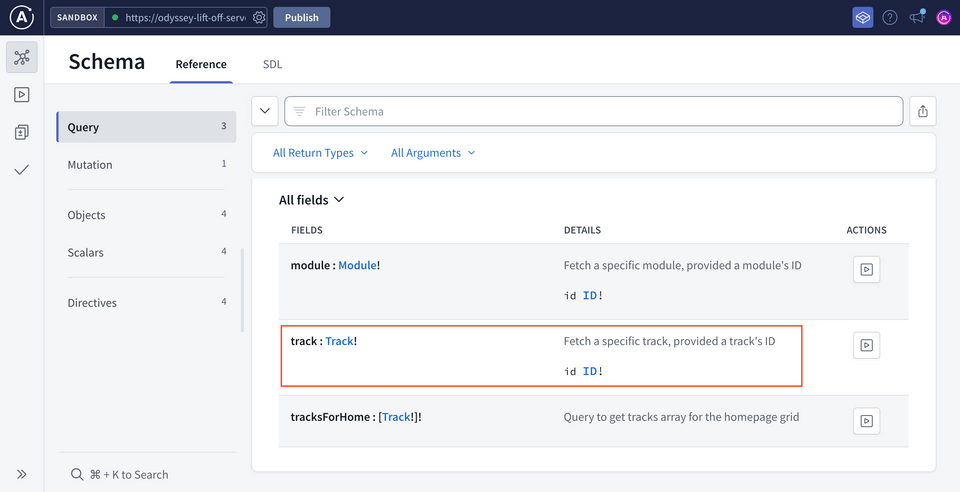 The Schema page in Studio, opened to the Query type's fields and highlighting the track field.