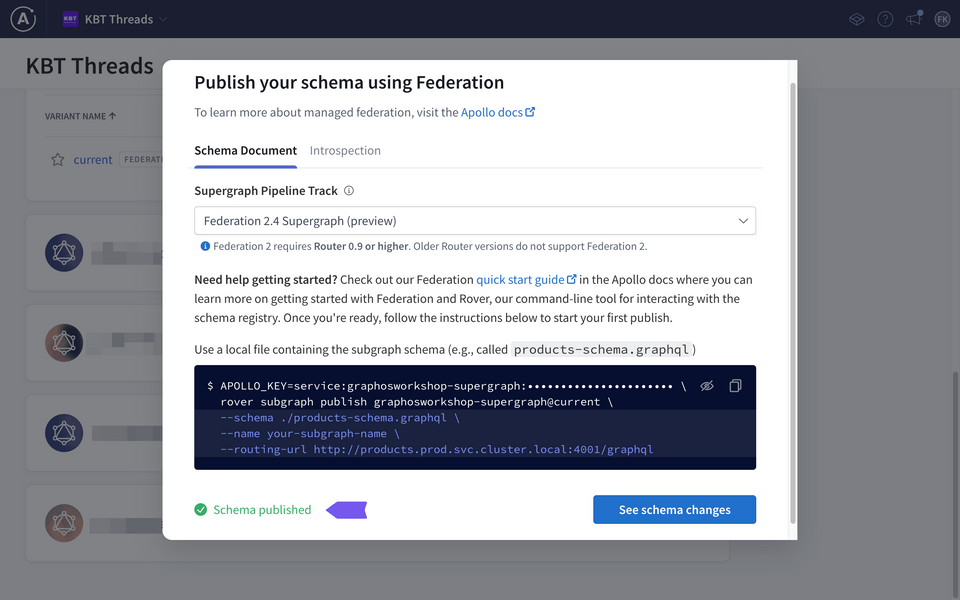 Studio showing successful publish of a schema