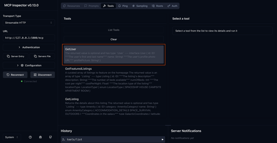 A screenshot of the MCP inspector, showing the new GetUser tool added to the list