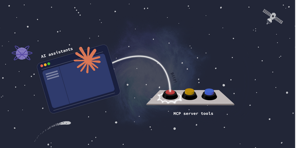 An illustration of the AI assistant "pushing" a button, one of the MCP server tools