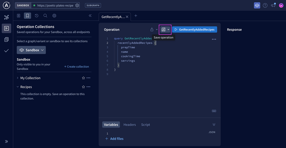 A screenshot of the Sandbox environment, with the cursor hovering over a save icon with the text 'Save Operation' appearing.