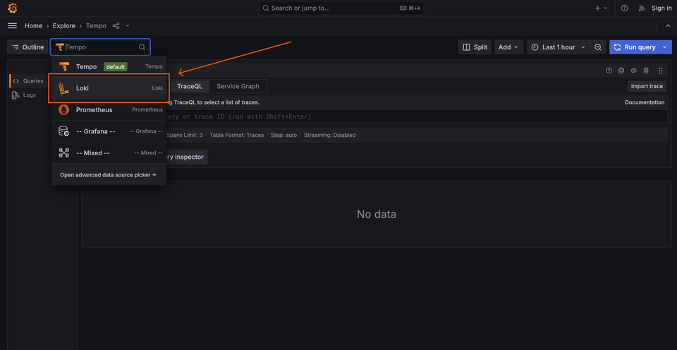 A screenshot showing the Explore dropdown with Loki selected