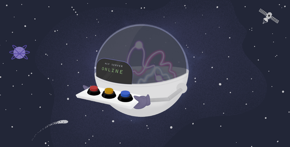 An illustration of the MCP server holding a tray with a red, a yellow, and a blue button