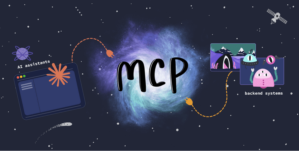 An image showing an AI assistant and backend services plugging into a nebula labeled MCP
