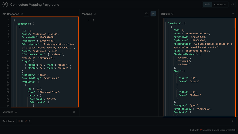 The contents of the API Response and Results panels highlighted