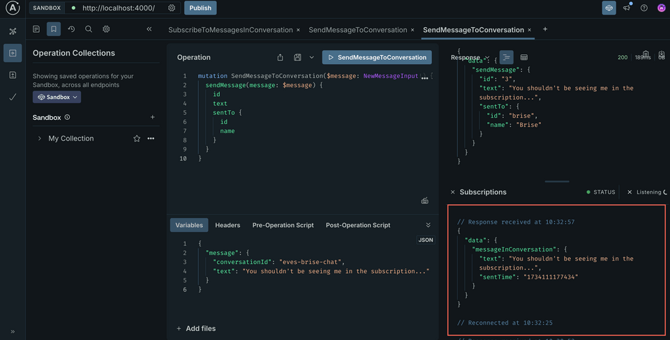 A screenshot of Sandbox, showing how a message sent to one conversation ended up in a subscription for another