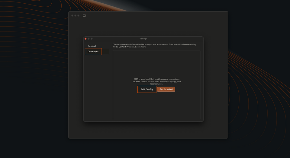 The Developer tab in Claude's settings, highlighting the Edit Config button