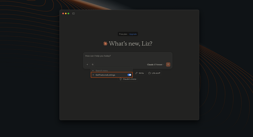 The Claude interface, showing the one GetFeaturedListings tool available in the airlock category