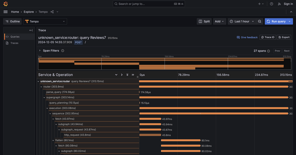 Tempo traces for the query execution