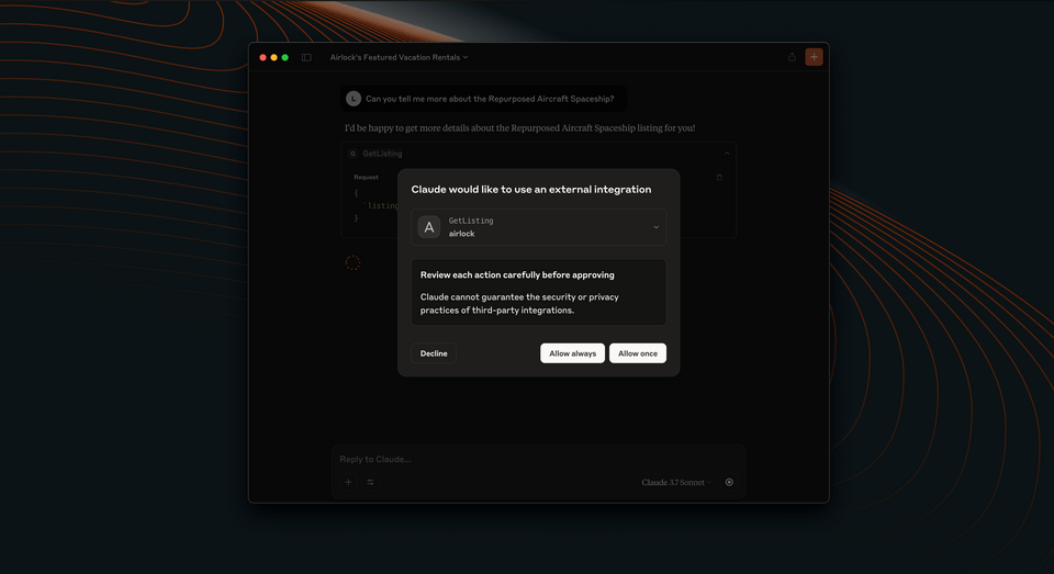 The Claude interface, showing the modal asking for permission to use the GetListing tool