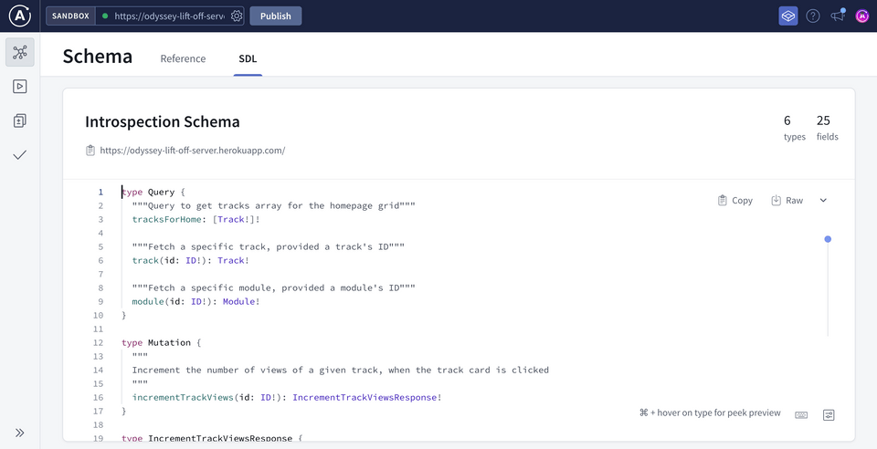 The Schema page opened to the SDL tab, showing the SDL for the GraphQL API