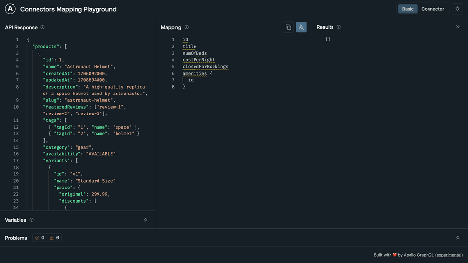 A screenshot of the mapping playground with data pasted into the Input panel, and errors in Mapping