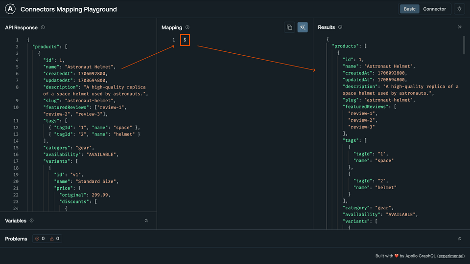 The Mapping panel updated with a dollar sign ($), showing the same input as output